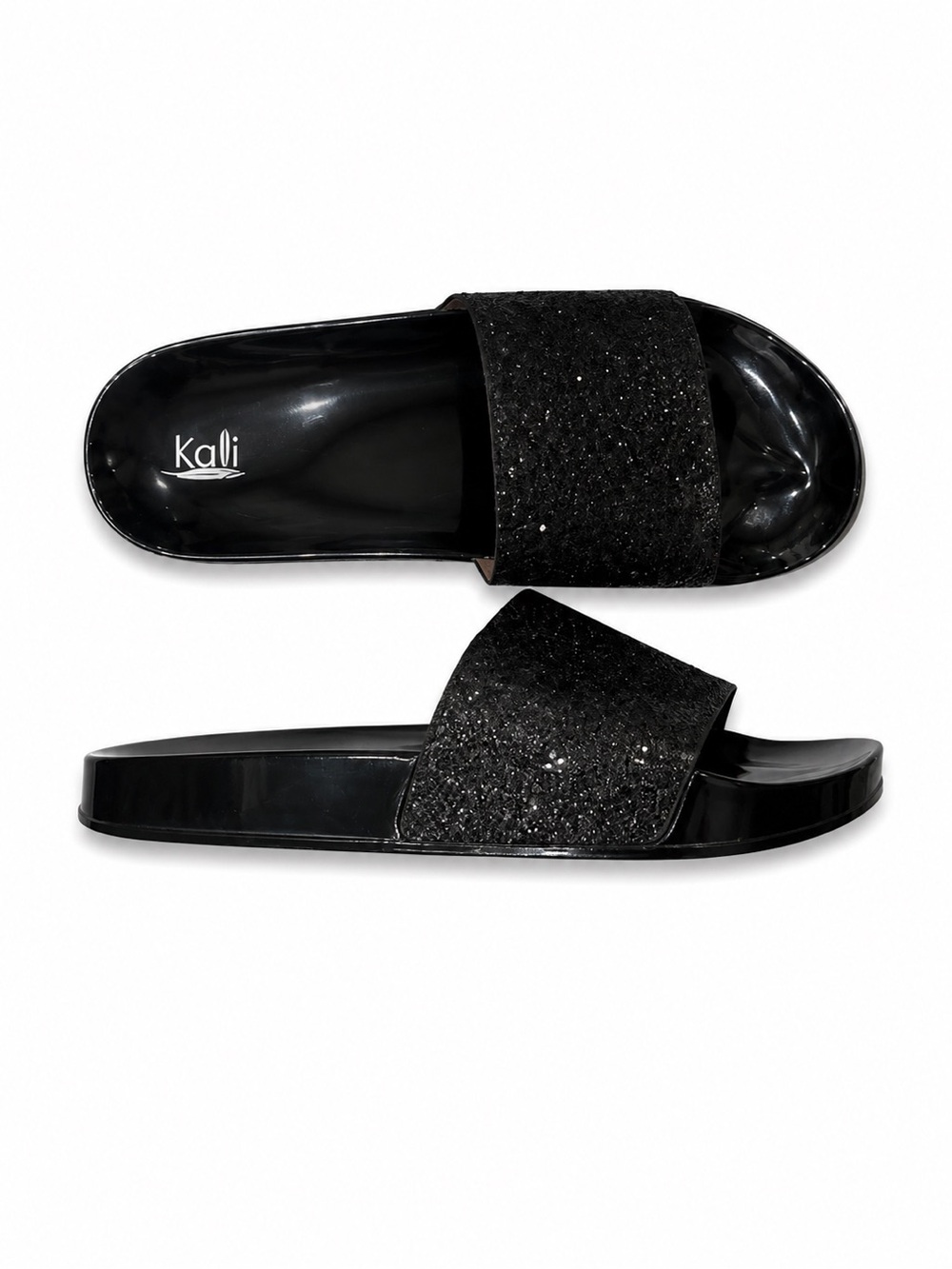 Kali Black Glitter Slide Sandals with Sparkle Strap